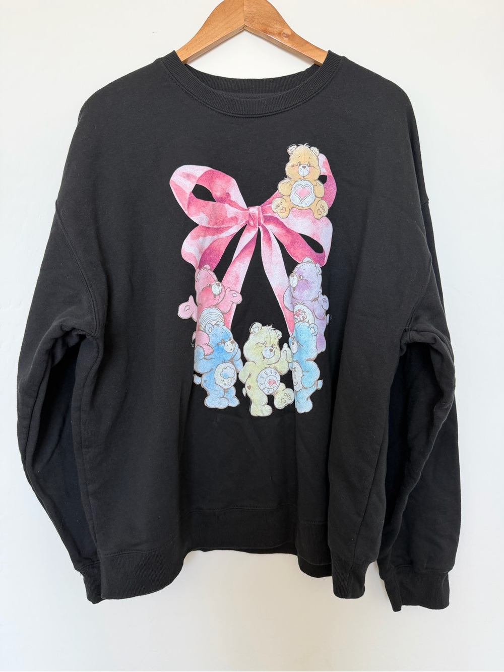 Care Bears Black Crewneck Sweatshirt with Pink Bow and Pastel Bears
